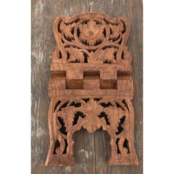 Vintage Teak Wood Book Holder Kitchen Stand Hand Carved Floral Leaf Design Foldi - Picture 2 of 9